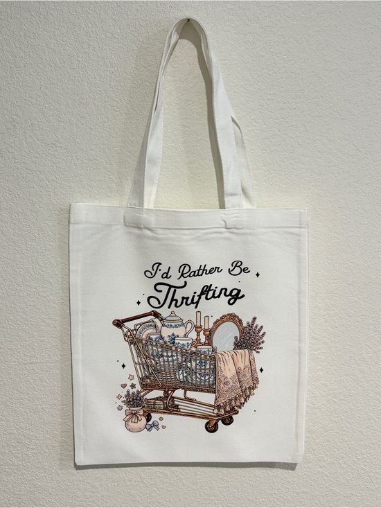 The Golden Goat Co Handbags - Handmade Canvas Tote Bag with I’d Rather Be Thrifting Graphic - White